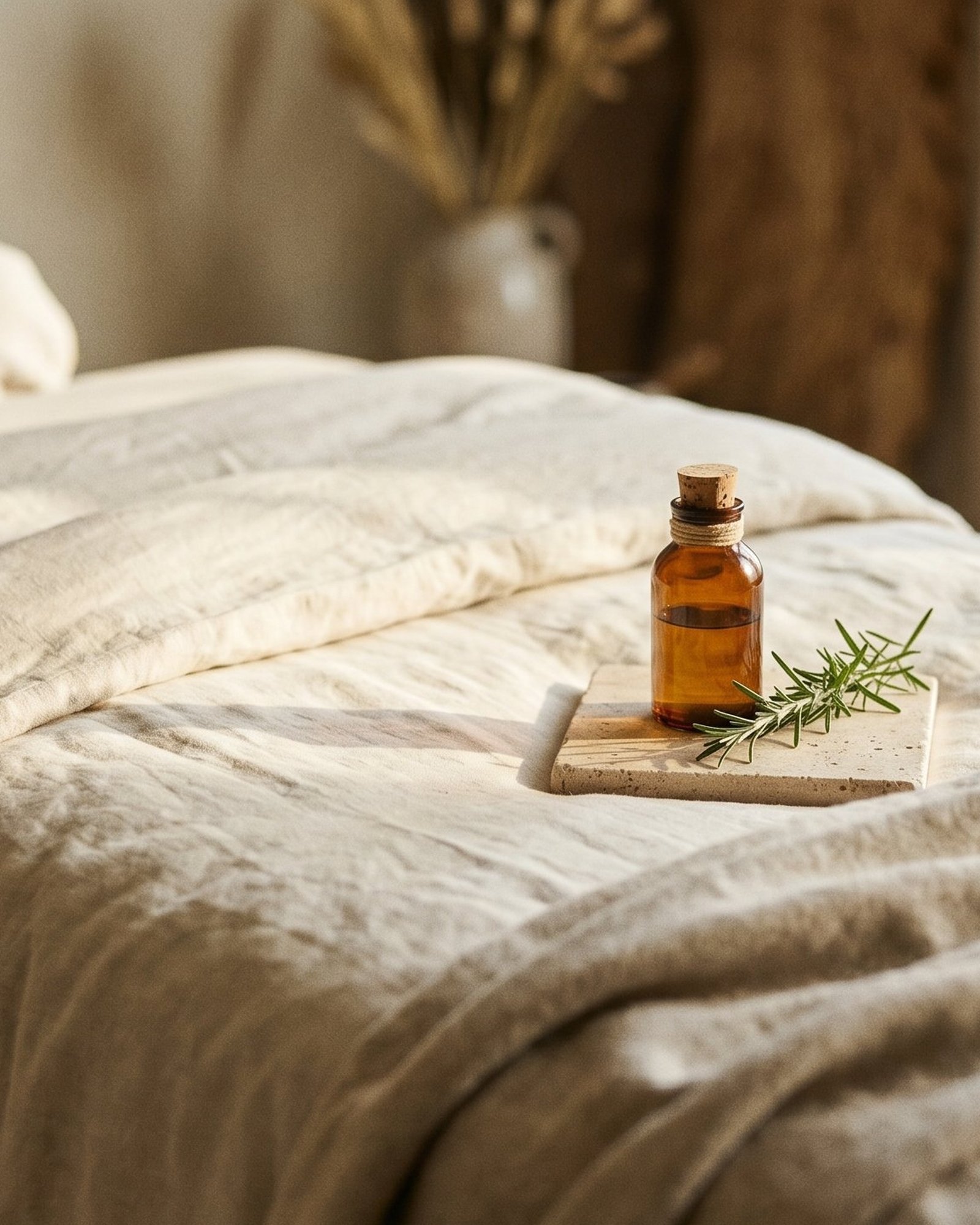 Massagetafel met linnen lakens, amberen olieflesje en verse rozemarijn