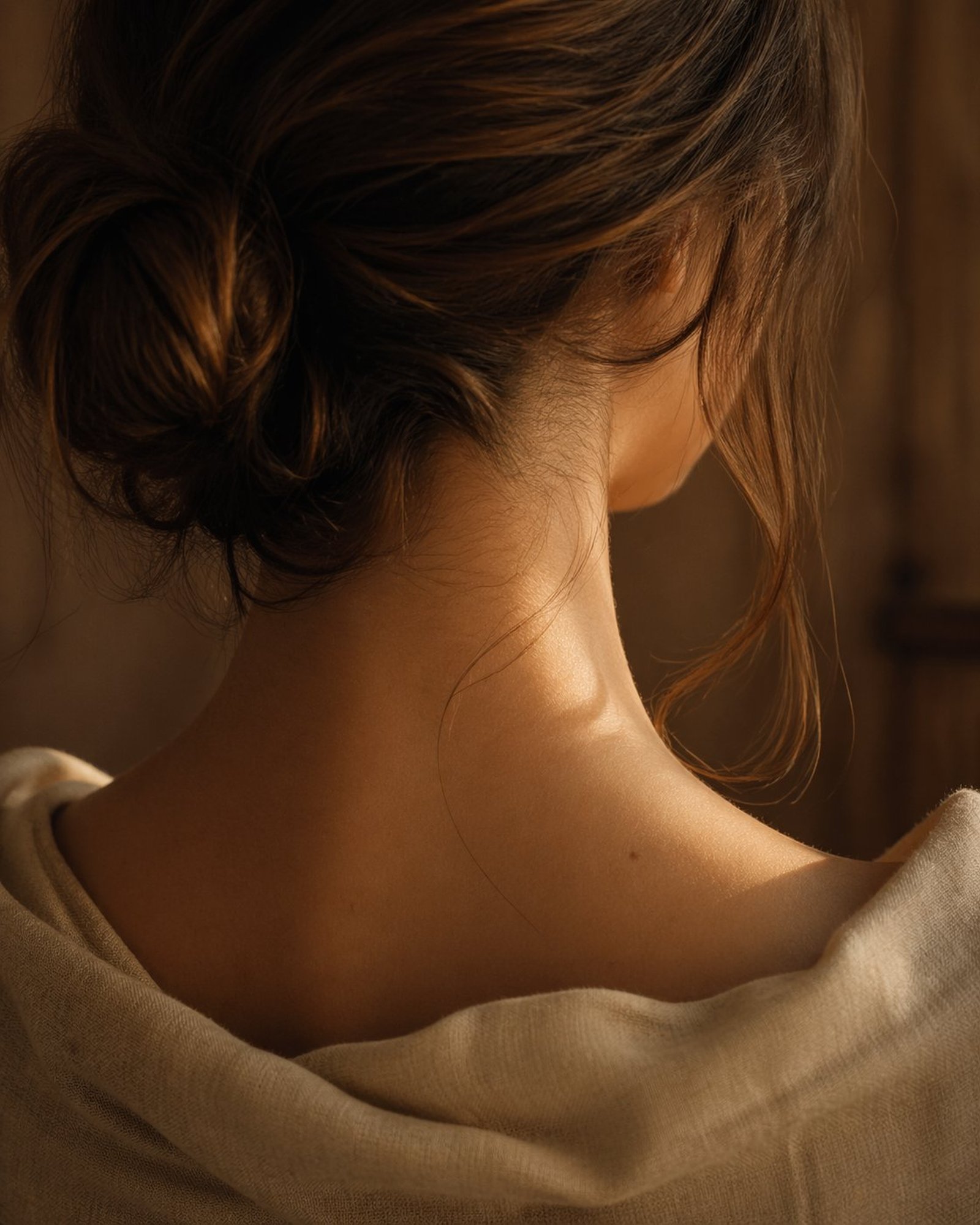 Nek en schouders van een vrouw met losse knot, warm namiddaglicht
