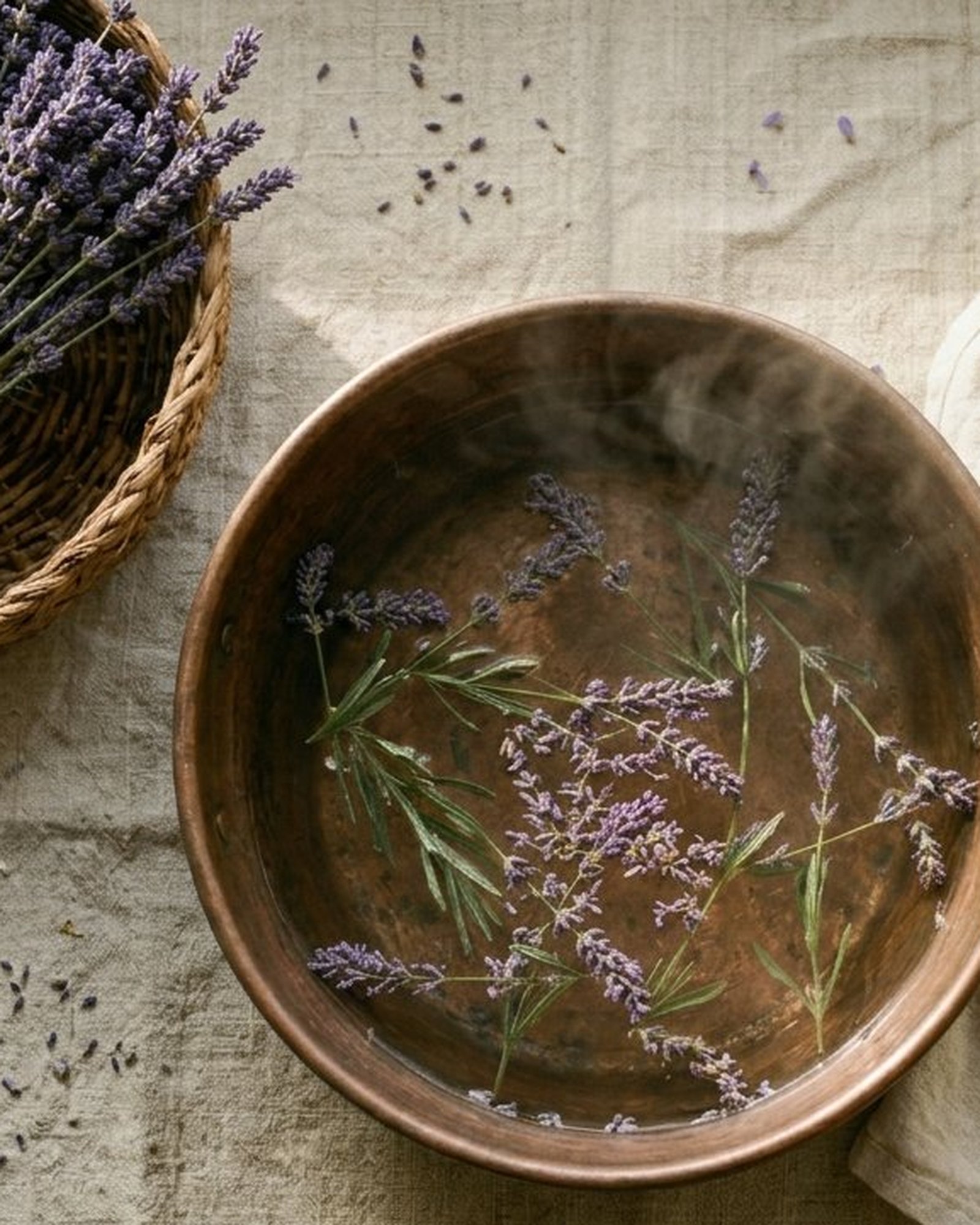 Koperen voetenbad met verse lavendel, stoom en linnen