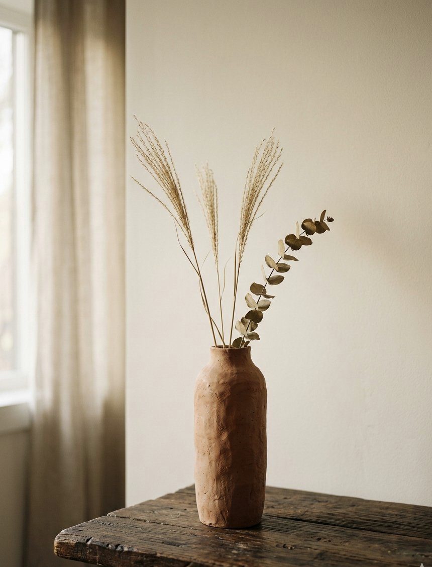 Terracotta vaas met gedroogde grassen en eucalyptus